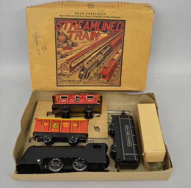 Marx Streamlined Sparkling Mechanical Train Set in orig: Marx Streamlined Sparkling Mechanical Train Set in original box, includes locomotive and tender, No. 554 Coal car, and No. 556 caboose, box measures 10" x 14 1/2" x 3 1/4"