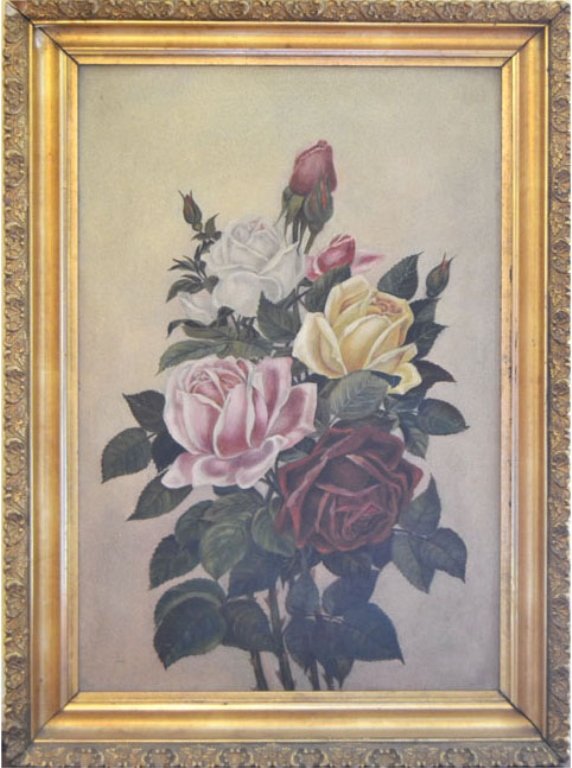American School oil on board: American School oil on board, roses, gold leaf on wood frame, W. Devoe & Co. label on verso, image size 16 1/2" x 10 1/2", frame size 20" x 14"