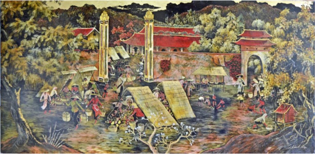 Vietnamese lacquer on panel: Vietnamese lacquer on panel, figures and temples in landsape, signed lower right (unreadable), 24" x 48"