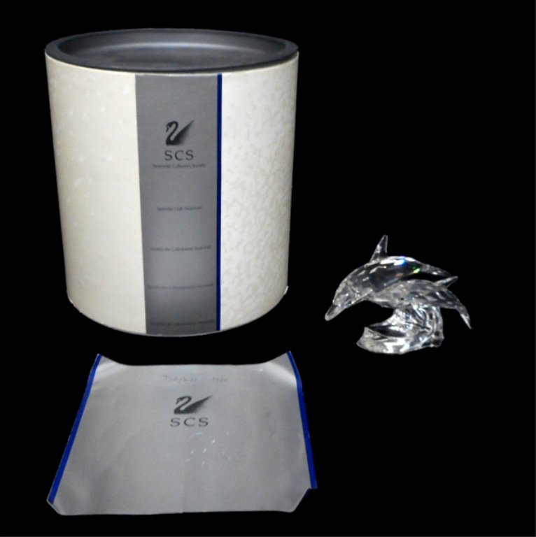 Swarovski crystal Lead Me the Dolphins: Swarovski crystal Lead Me the Dolphins, Annual Edition 1990, in original box with certificate, box measures 7 5/8" x 7 1/4"