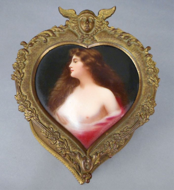 Hutschenreuther bronze dresser box with porcelain: Hutschenreuther bronze dresser box with hand painted porcelain plaque, young maiden, artist signed Kein on front, marked on back of plaque "Epanouissement Asti", impressed Hutschenreuther mark and num