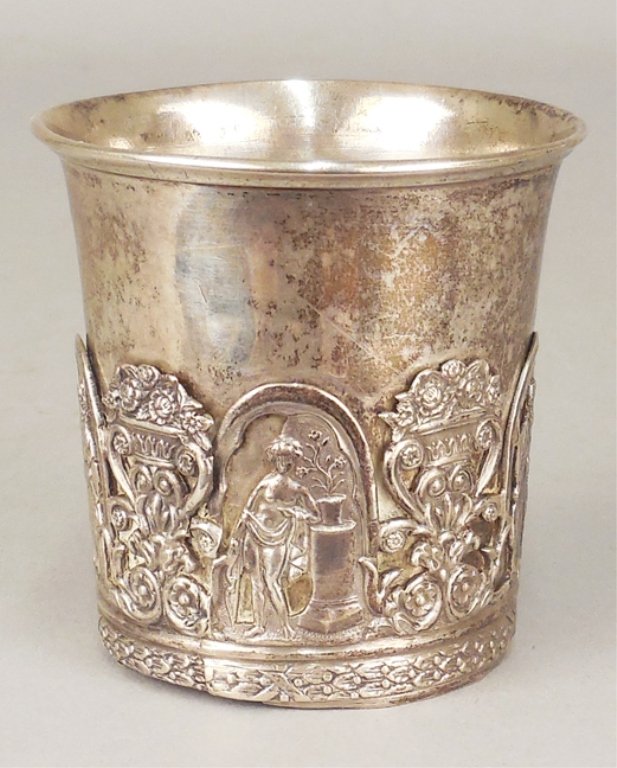 Russian silver beaker: Russian silver beaker with applied decoration on lower half, alternating floral and scrolls, with mythic figures, Russian 84 zolotnik, unknown mark, mid to late 19th C., 2 1/2" x 2 1/2", 2.325 ozt.