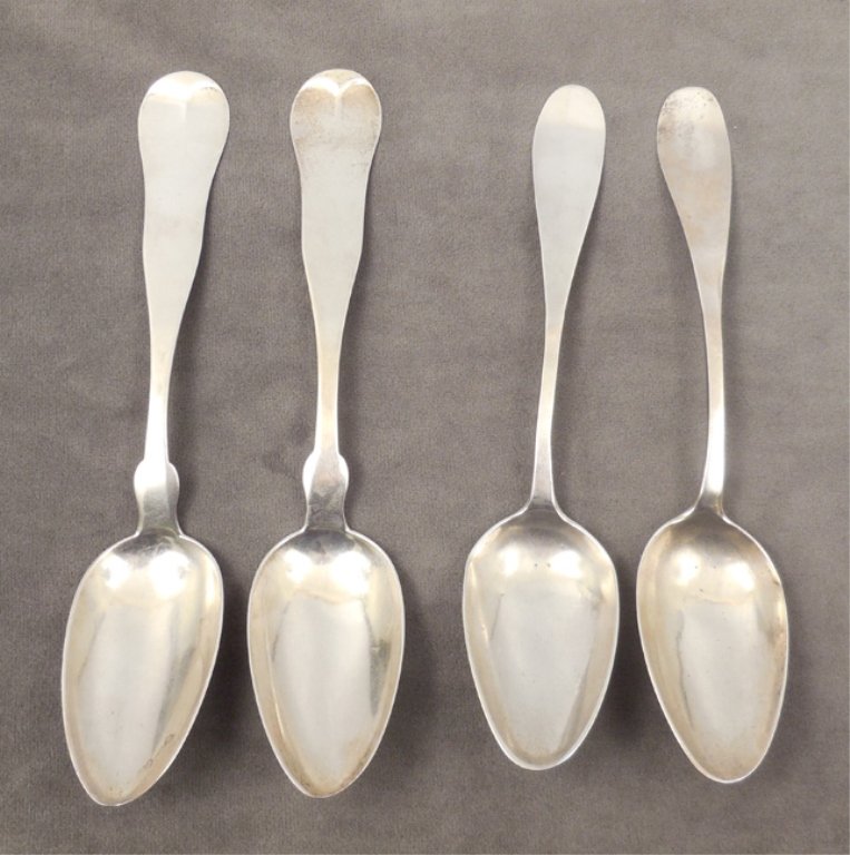 Two pairs of early American silver serving spoons: Two pairs of early American silver serving spoons, includes a pair of 9" Chase & Tripp sterling serving spoons, Brattleboro, VT, ca. 1857-1861, shaped fiddle back handle, engraved on back LB From LPB,