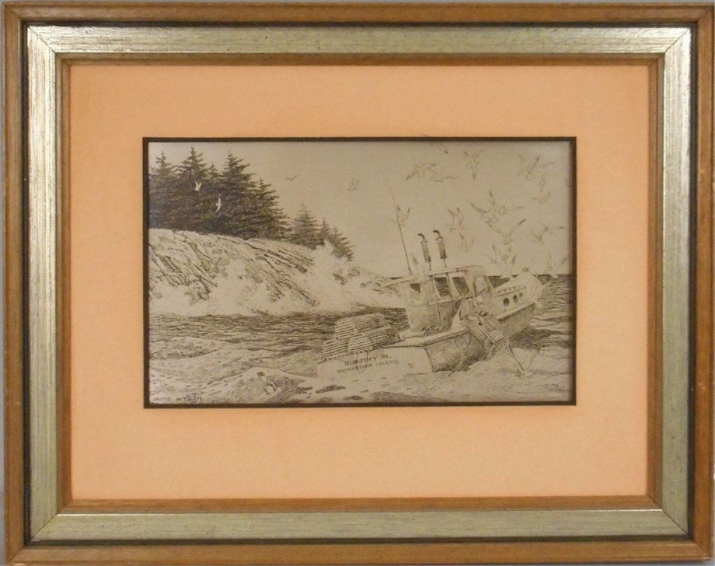 Jamie Wyeth "Coast of Maine etching in sterling silver: Jamie Wyeth "Coast of Maine" etching in sterling silver, limited edition by The Franklin Mint, with certificate of authenticity on verso, artist signed lower left, watermark on matte lower right, sigh