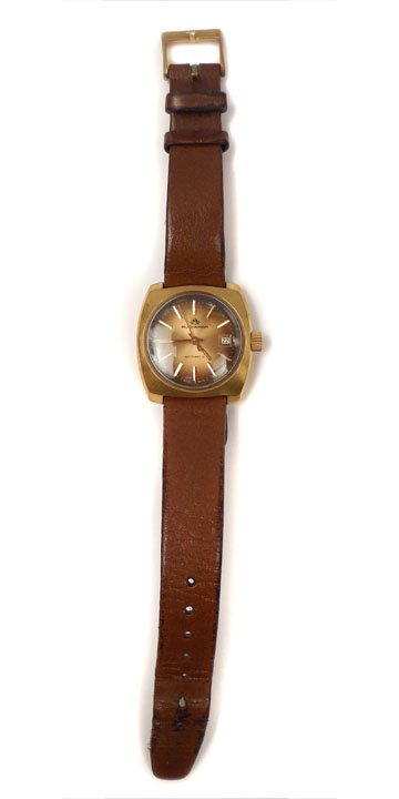 Bucherer Automatic wristwatch: Lady's Bucherer automatic wristwatch, gold filled case measuring 1" in diameter, adjustable leather band, face marked Bucherer Automatic, back of case marked Water Resistant Swiss Made Shock Resistant