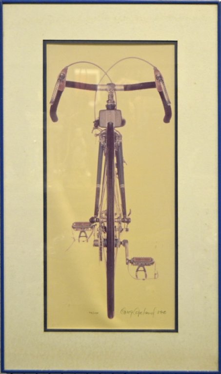 Greg Copeland lithograph on paper: Greg Copeland lithograph on paper, portrait of a bicycle, numbered 76/1500, signed lower right, sight size 23" x 10", frame size 30" x 17 1/4"