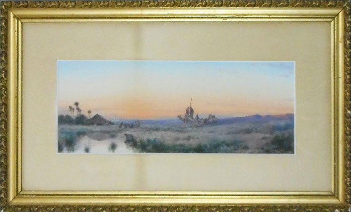P. (Paul) Pascal watercolor on paper: P. (Paul) Pascal watercolor on paper, desert scene with caravan, signed lower right, 19th-20th C. French, sight size 9 1/2" x 26", frame size 21" x 38"