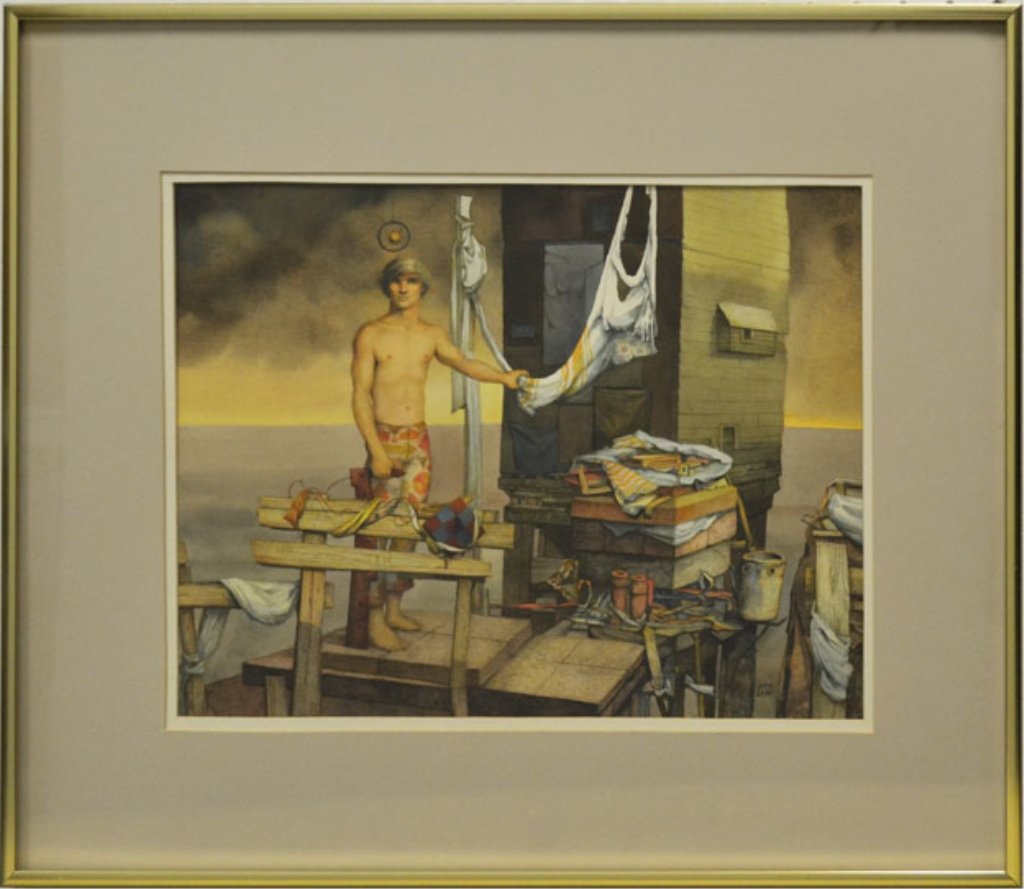 John Lear watercolor on paper: John Lear watercolor on paper, young man on platform, signed lower right, 20th C. American, sight size 11" x 14 1/2", frame size 18 1/4" x 21 1/4"