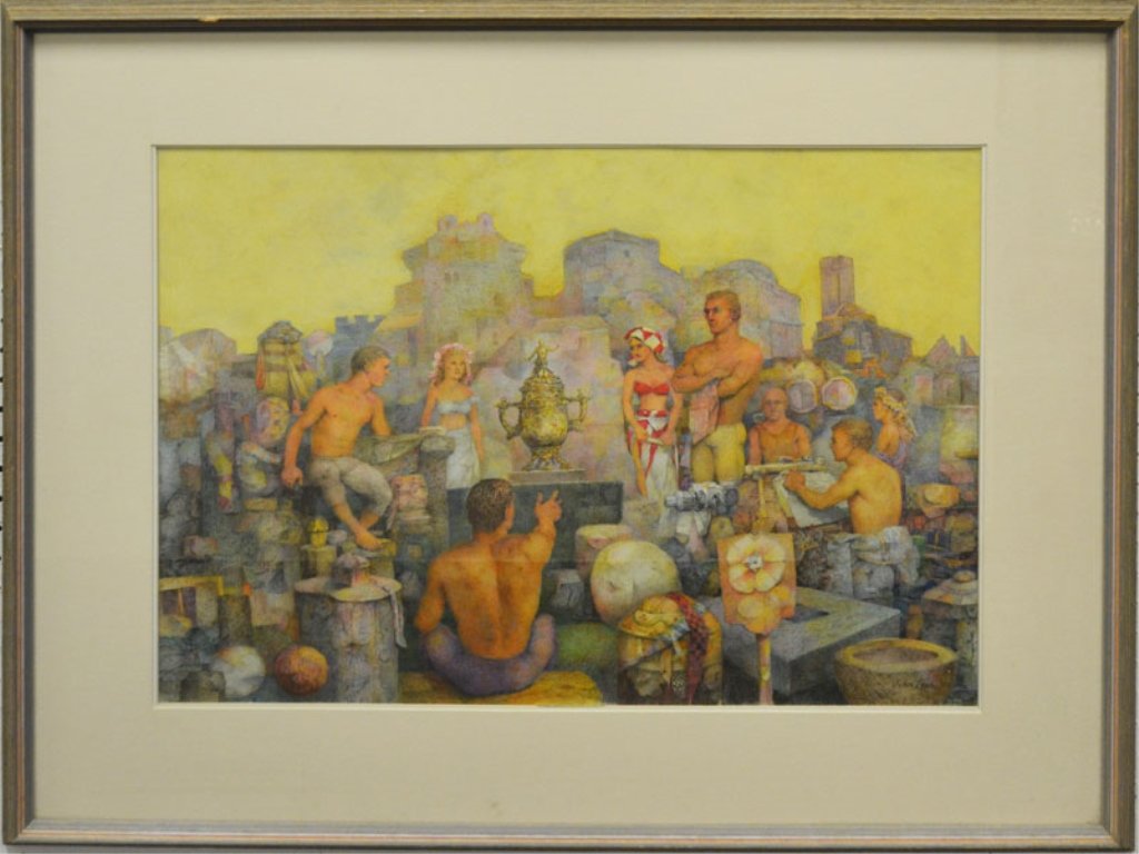 John Lear watercolor on paper: John Lear watercolor on paper, large painting with male and female figures positioned around centered urn , signed lower right, 20th C. American, sight size 19" x 26", frame size 29 3/4" x 35 3/4", Ex