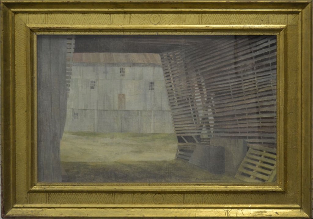 Katharine Steele Renninger casein on board: Katharine Steele Renninger casein on board, "A Corner of the Farm", signed lower right, 20th C. American, sight size 15 1/2" x 30 1/2", frame size 21 1/2" x 30 1/2", newspaper obituary attached on ver