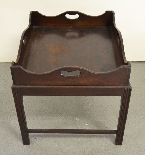 Georgian mahogany butler's tray with stand: Georgian mahogany butler's tray with stand, ca. 1780, from the William Patterson estate of Greenville DE, 20 3/4" high x 25 1/2" x 21 3/4"