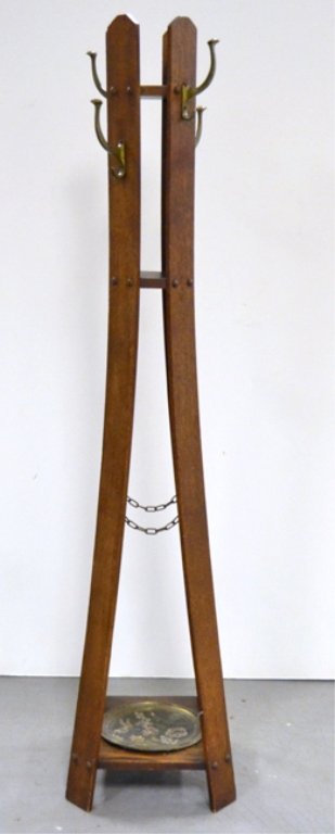 Arts & Crafts oak clothes tree: Arts & Crafts oak clothes tree with centered brass umbrella stand, four hooks, two shelves, 65 3/4"