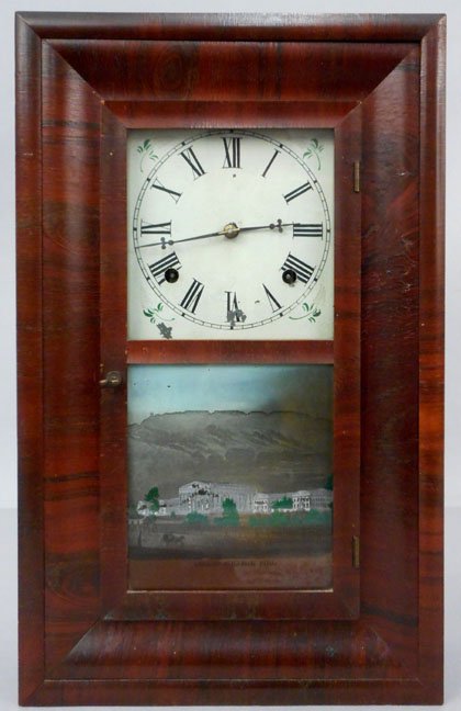 Waterbury Connecticut shelf clock: Waterbury Connecticut shelf clock, walnut case, 8 day, stenciled and painted image of Girard College Philadelphia, with pendulum and key, label inside on back, 17 3/4" high x 11" x 3 1/2"
