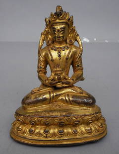 Bronze dore statue of Amitayus, Buddha: Statue of Amitayus (Sanskrit), Buddha of Infinite Light and Infinite Life, in bronze covered with gilt, attributed to 15th C. Tibet, lost wax method, from a Philadelphia estate, purchased in 1989 from