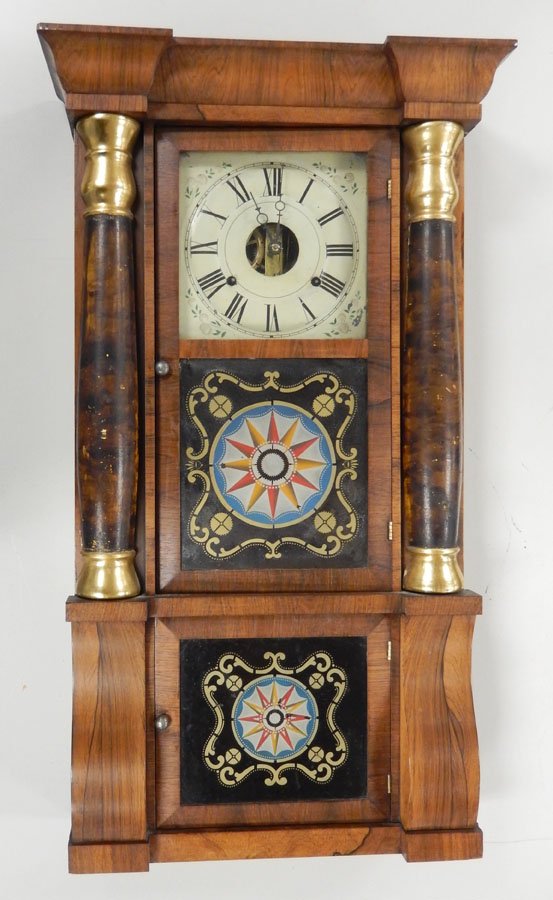 Seth Thomas Connecticut shelf clock: Seth Thomas Connecticut shelf clock, with two reverse painted glass panels in door, paper label inside, 32 1/2" high x 18 1/2" x 6 1/2"