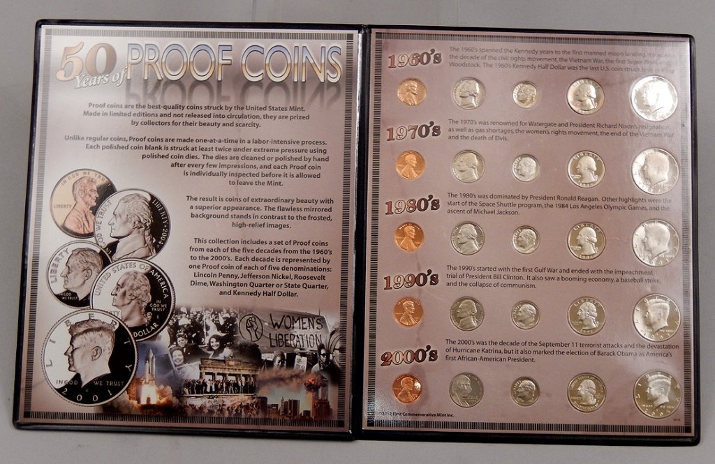 50 Years of Proof Coins: 50 Years of Proof Coins from the First Commemorative Mint, 1960's, 1970's, 1980's, 1990's, and 2000, includes penny, nickel, dime, quarter, and half dollar for each year, the 1960's has a 1968 40% sil