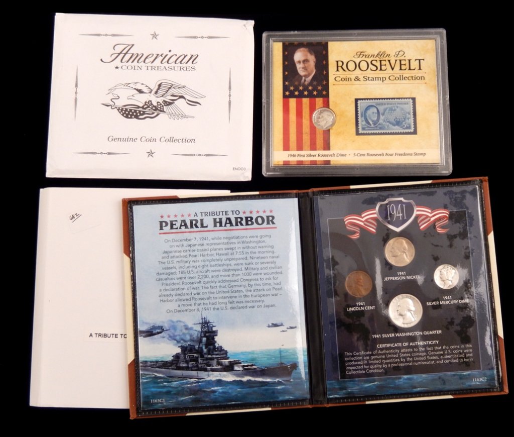 Coin sets: A Tribute to Pearl Harbor in display binder, 1941 four coin set includes penny, nickel, dime and quarter, Franklin D. Roosevelt Coin and Stamp Collection including 1946 dime and 5 cent stamp in plasti