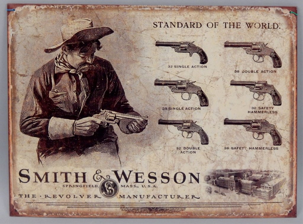 Smith & Wesson Standard of the World metal sign: Smith & Wesson Standard of the World metal sign, reproduction, The Revolver Manufacturer, measures 12 1/2" x 16"
