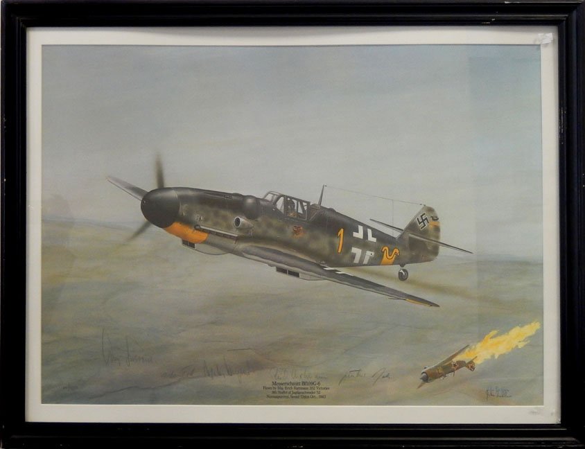 "Messerschmitt Bf109G-6" by John Ficklen, signed by art: "Messerschmitt Bf109G-6" by John Ficklen, signed by artist and pilot, framed color lithograph, limited edition 14/950, "Flown by Maj. Erich Hartmann 352 Victories. 9th Staffel of Jagdgeschwader 52, No