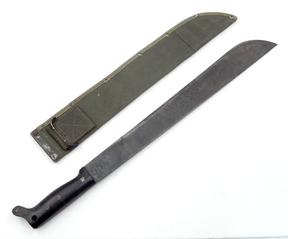 US WWII Collins & Co. machete in scabbard,: US WWII Collins & Co. machete in scabbard, wooden grip, blade marked U.S Legitimus Collins & Co. 1945, cloth scabbard, blade length 18 1/4", overall length 24 1/4"