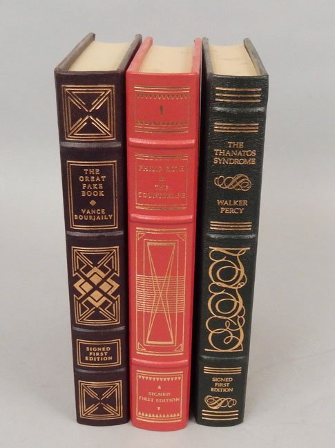 The Franklin Library signed first editions: The Franklin Library signed first editions, 3 gilt leather bound, The Counterlife by Philip Roth, 1986, The Great Fake Book by Vance Bourjaily, 1986, and The Thanatos Syndrome by Walker Percy, 1987, a