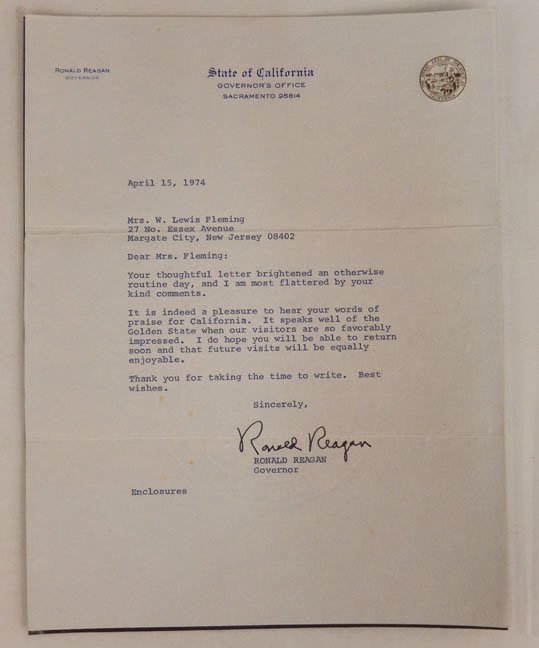 Signed typed letter on the State of California: Signed typed letter on the State of California stationary Governor's Office, Sacramento 95814, Thanking a Mrs. W. Lewis Fleming for a thoughtful letter, signed Ronald Reagan