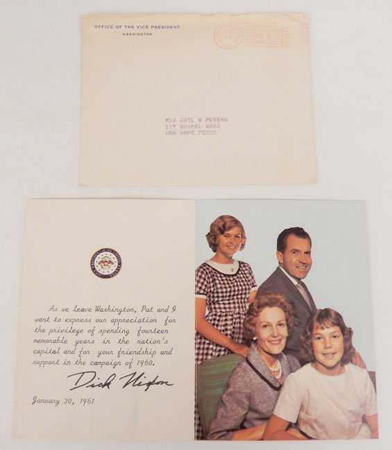 Thank you card with a picture of the Nixon family,: Thank you card with a picture of the Nixon family, signed Dick Nixon, dated January 20, 1961, envelope from the Office of the Vice President, Washington posted marked Washington Feb. 10, 1961, DC