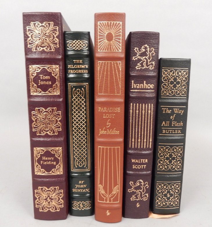 Five Easton Press Books: Five Easton Press books, illustrated, gilt leather bound, Paradise Lost by John Milton, 1976, Ivanhoe by Sir Walter Scott, 1977, The History of Tom Jones 1979, The Pilgrim's Progress by John Bunyan, 1
