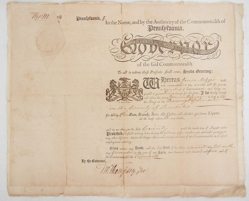 1805 Liquor License, signed by Thos. McKean, 2nd Gov.: 1805 Liquor License in Lancaster, signed by Thomas McKean, 2nd Governor of PA, and signer of the Declaration of Independence, license for Jonas Metzger in the Borough of Lancaster