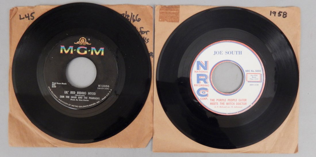 Two M-G-M 45 rpm's: Two M-G-M 45 rpm's "Lil' Red Riding Hood" by Sam the Sham and The Pharoahs, and "The Purple People Eater Meets The Witch Doctor" by Joe South