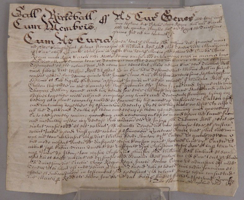 English document on vellum, concerns admission to proba: English document on vellum, concerns admission to probate of the Last Will of William Bell, signed by Justice Thomas Newman, 1677