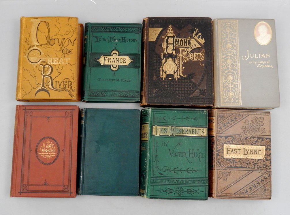 Lot of eight late 19th C. books, various authors and pu: Lot of eight late 19th C. books, various authors and publishers, with gilt lettering, including Les Miserables, etc., hard cover