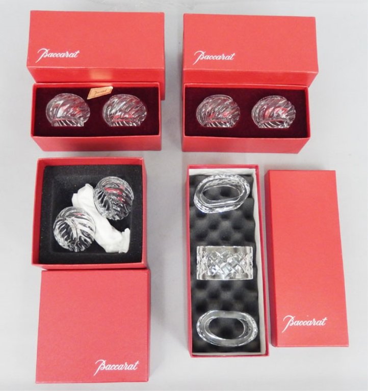 Baccarat and Waterford crystal napkin rings: Baccarat and Waterford crystal napkin rings, includes six Baccarat crystal napkin rings, two sets in original fitted box, and two in a Baccarat box, 1 1/2" x 2 1/4", and three Waterford "Alana" crysta