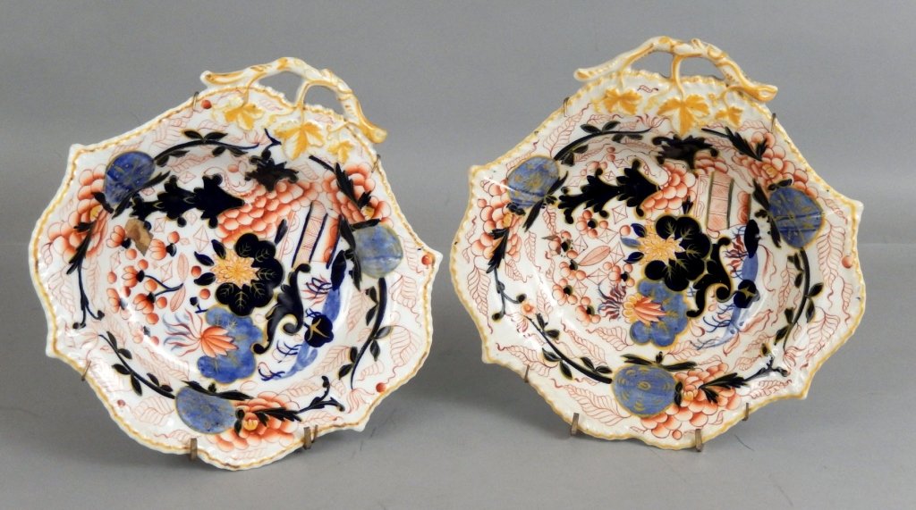 Two gaudy ironstone bowls: Two gaudy ironstone bowls, handled, numbered on bottoms, 9" across