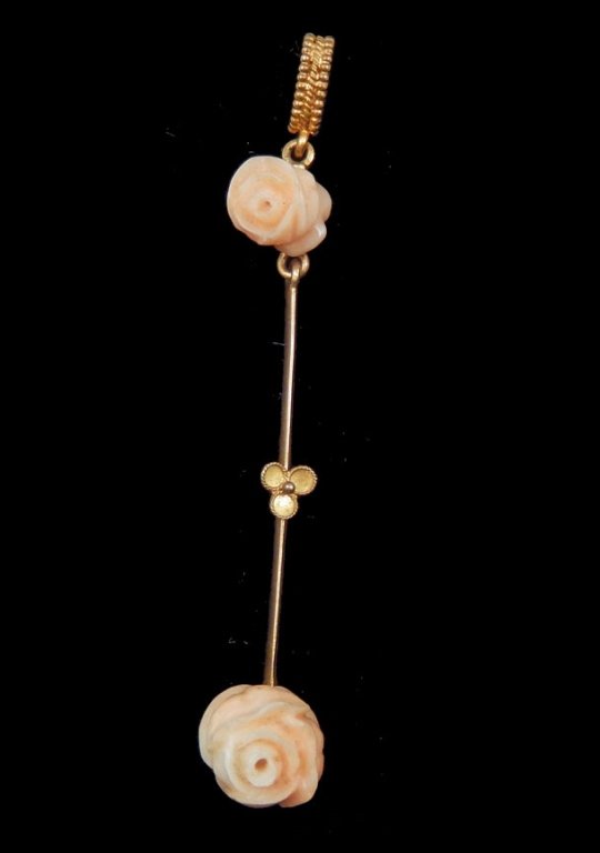 Edwardian gold & coral pendant: 14k gold and coral pendant, 2 1/4" long, two carved coral roses on knife edge drop, unmarked, tests 14k, weight 2.2 grams/1.4 dwt, ca. 1910