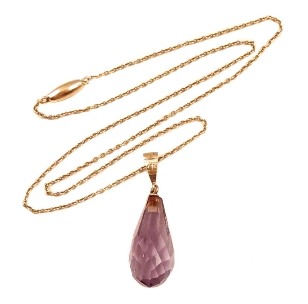 Amethyst briolette pendant: Edwardian amethyst briolette pendant with 14k gold bale, 1 1/4" long, 14 1/2" long fine link chain, marked 14k on clasp, total weight 5.2 grams/3.3 dwt, ca. 1910