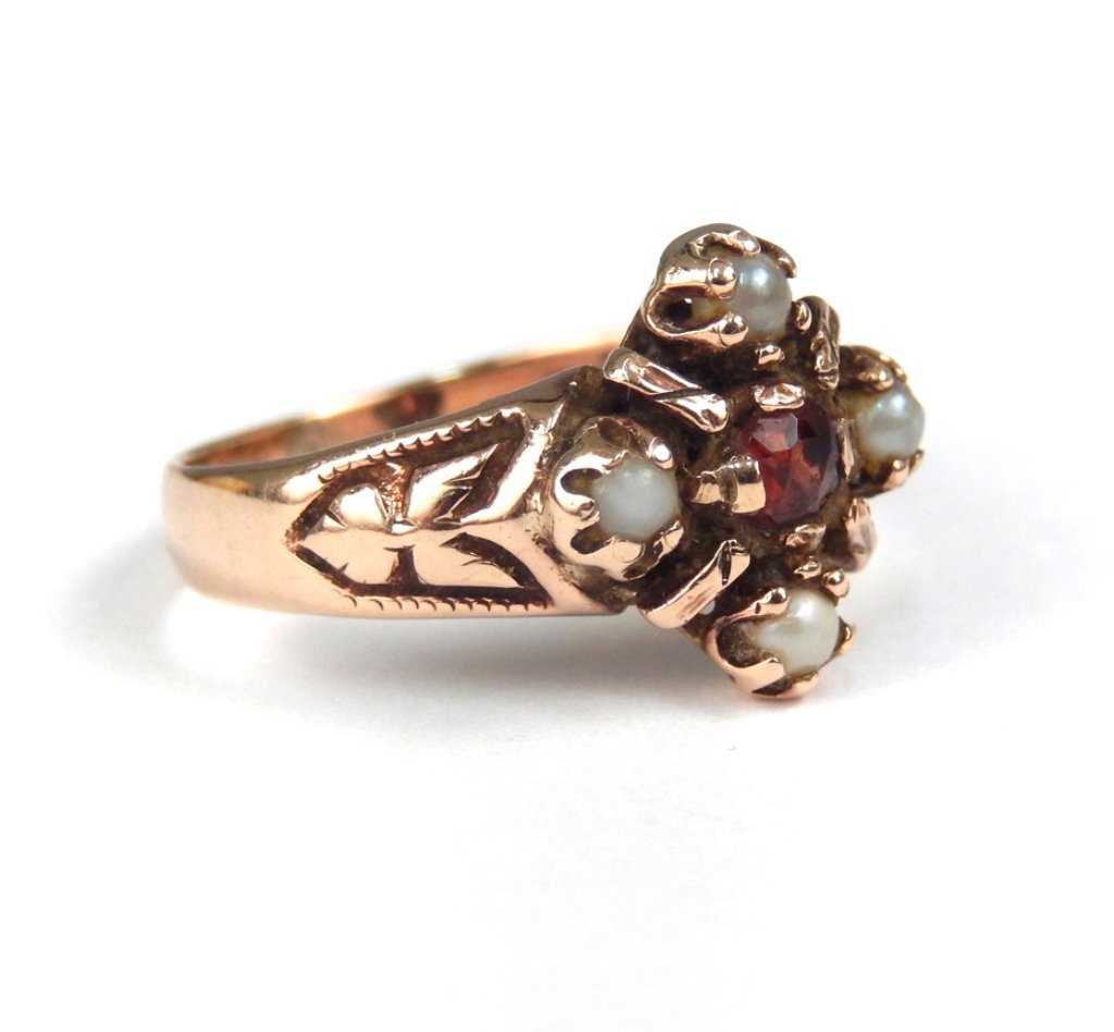 Victorian rose gold, pearl and garnet ring: Victorian rose gold, pearl and garnet ring, unmarked, tests 14k, engraved on interior Lucy, size 6, total weight 3.3 grams/2.1 dwt