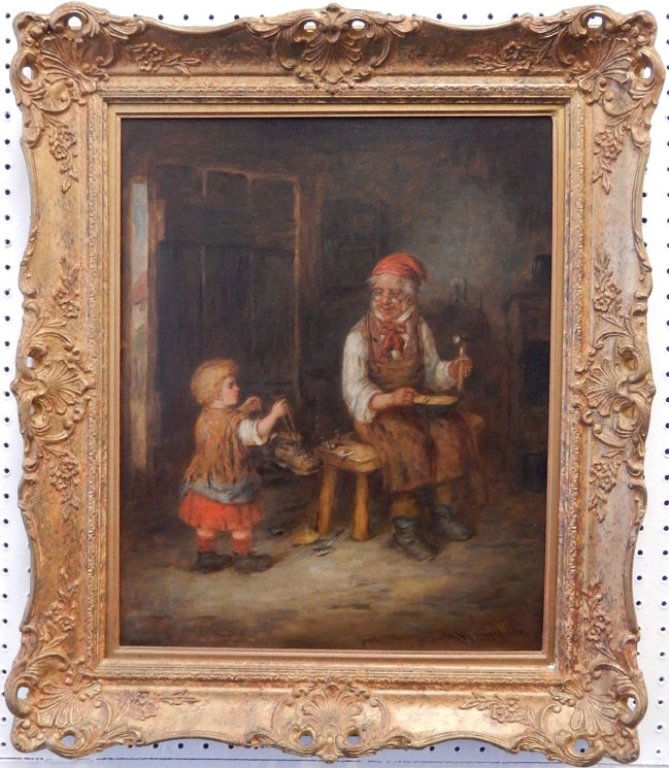 German School, oil on board: German School, oil on board, the shoemaker, signed lower right (unreadable), sight size 21" x 17", frame size 27" x 23"