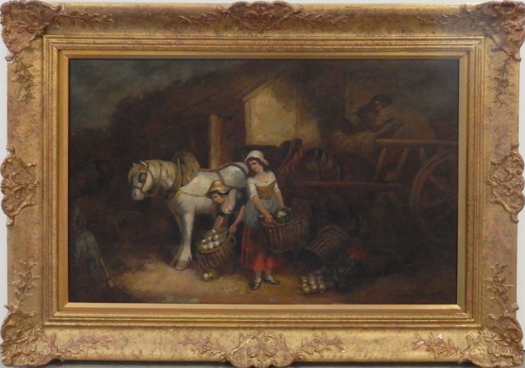 British School oil on canvas: British School oil on canvas, farm scene with figures and horse drawn hay wagon, signed lower right (unreadable), 19th C., sight size 21" x 32", frame size 30" x 40"