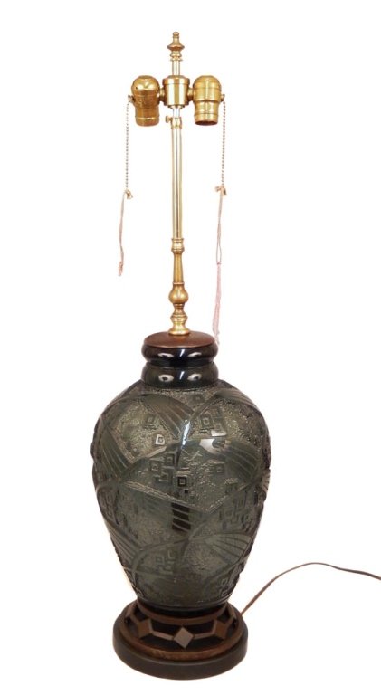 Daum Nancy lamp: French Art Deco acid-etched glass lamp in vase form, Daum Freres ca. 1920, inscribed Daum Nancy France, glass 19" high, 35" to top of finial, with cloth shade, and 1994 receipt from T.G. Ashjean Inter