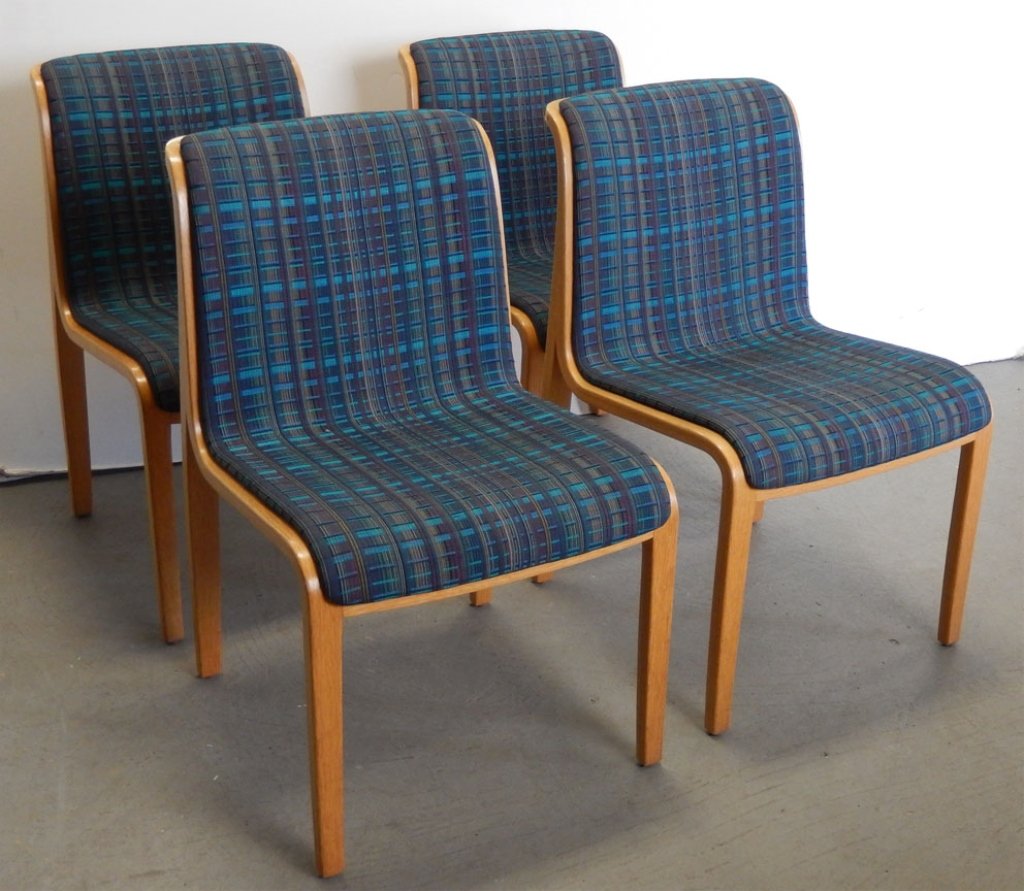 Set of four Bill Stephens; Knoll International side: Set of four Bill Stephens; Knoll International 1990 side chairs, armless laminated oak with Knoll fabric (fabric swatch included), 31 1/2" high, 1989 receipt from T.G. Ashjean Inc. Design and Decorati