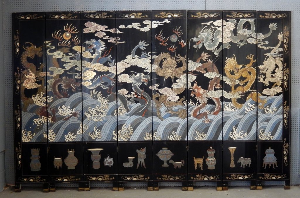 Chinese Coromandel screen 8 panel: Eight panel Chinese Coromandel screen, 84" high, each panel 16" across, late 19th C., with 1983 receipt from T.G. Ashjean Inc. Interior Design