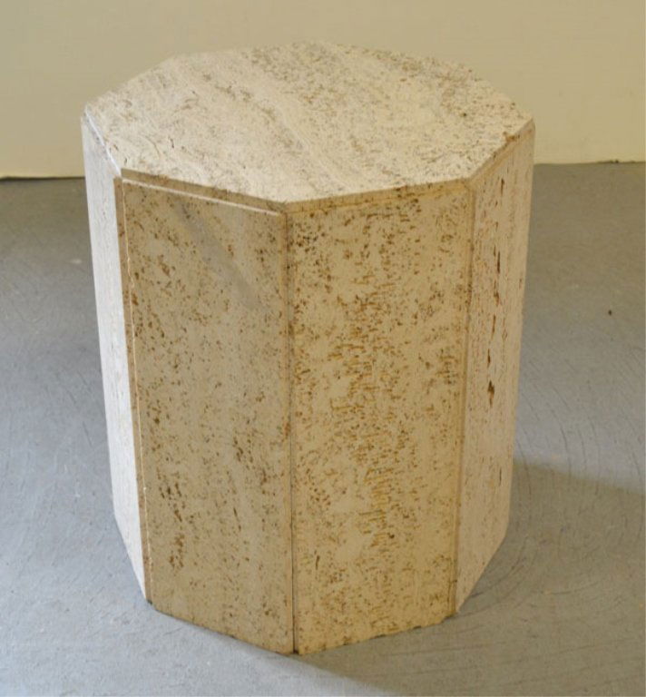 Custom octagonal travertine pedestal: Custom octagonal travertine pedestal, 20 1/4" high x 17", with 1985 receipt from T.G. Ashjean Interiors Inc. Design and Decoration