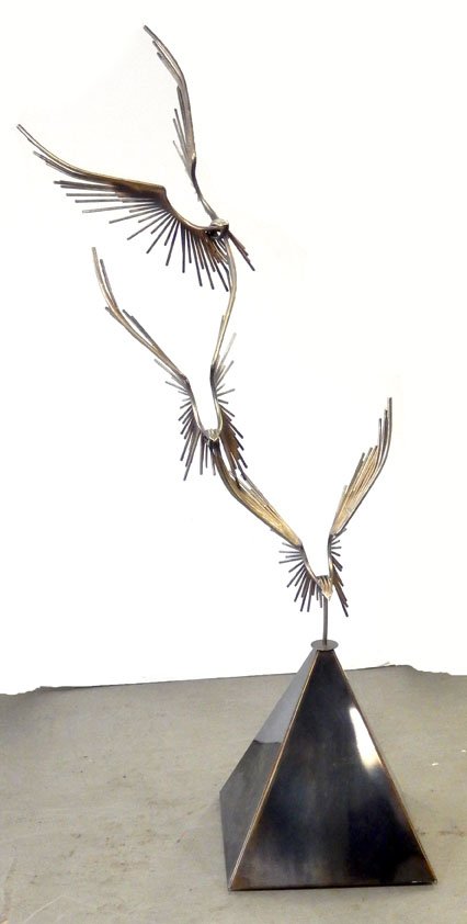 Curtis Jere floor sculpture: Curtis Jere floor sculpture, brass, eagles in flight, 73" high, signed and dated 1976
