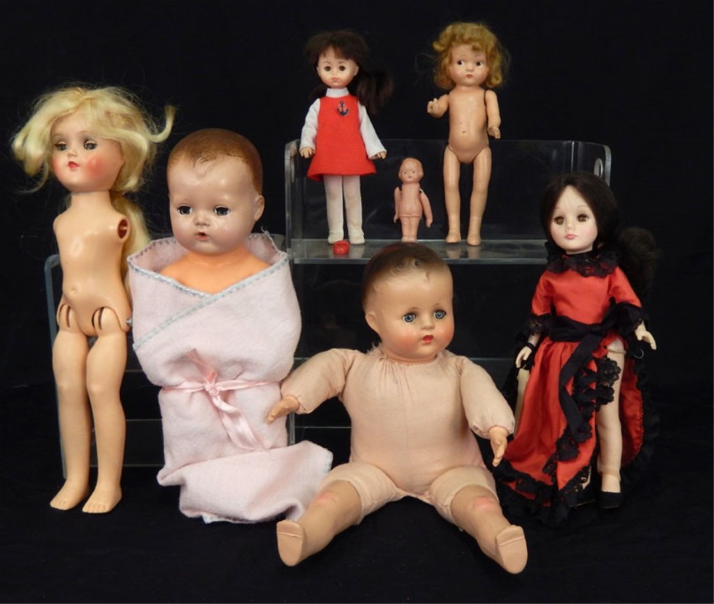 Grouping of misc. dolls, including composition: Grouping of misc. dolls, including composition, Tiny Tears, Toni by Ideal, Effanbee, vinyl Ginny 1977, celluloid doll, 1940's-1980's, tallest size 15"