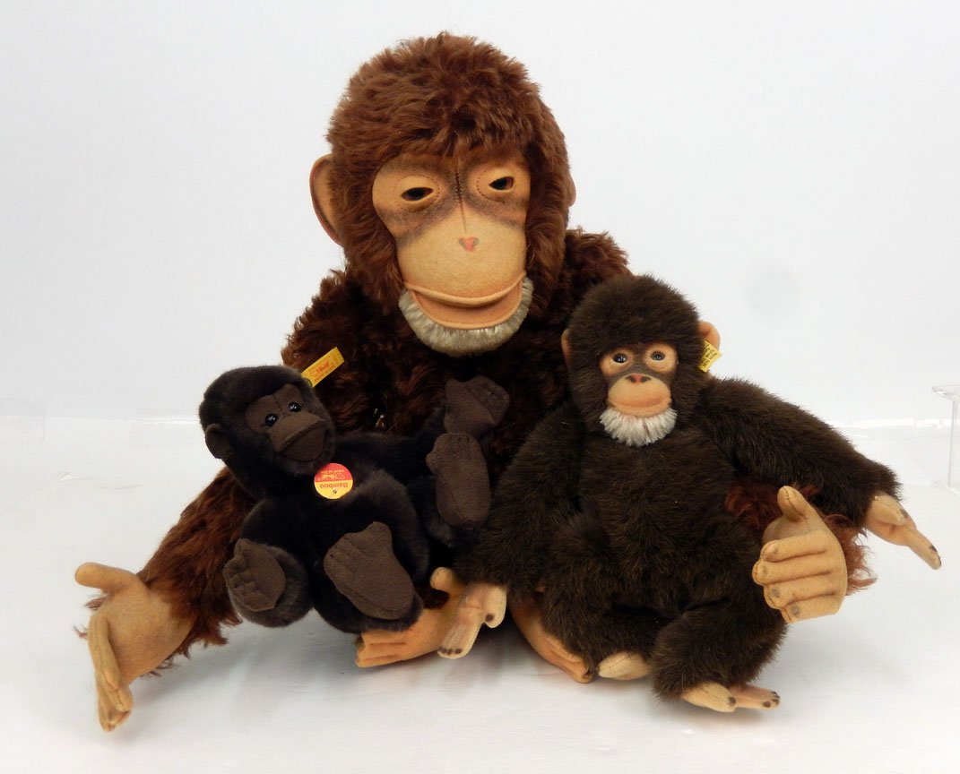 Three Steiff Monkeys: Three Steiff Monkeys, includes larger monkey, 14" tall, no button or tag, No. 0020/25, with button and tag in ear, 9" tall, and "Bamboo" No. 043017, with button and tag in ear, and chest tag, 6 1/2" t