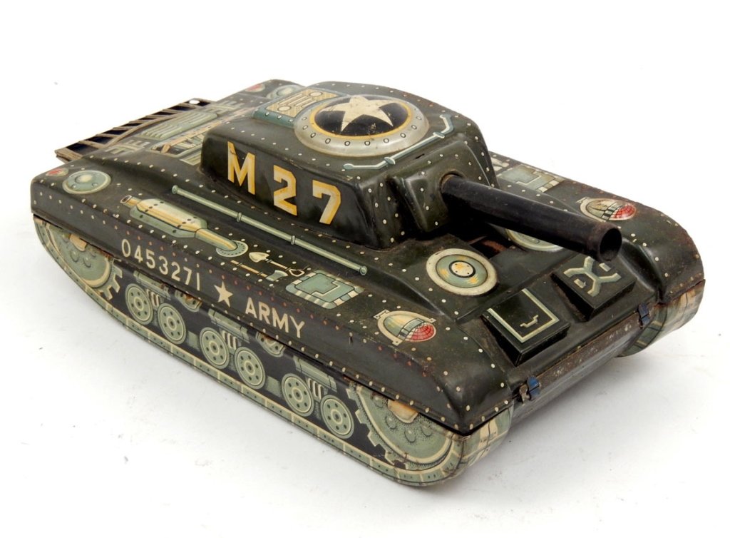 Linemar tin litho army M27 tank friction: Linemar tin litho Army M27 tank, friction powered, marked on bottom Line Mar Toys Japan, Linemar Co., Inc., Army 0453271, 9" long, Collection of John Dieterly