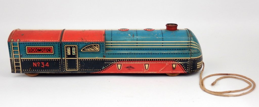 Wolverine tin litho locomotor No. 34 pull toy: Wolverine tin litho Locomotor No. 34 pull toy, wooden wheels, bell rings when pulled, 4 1/2" x 17 1/2", Collection of John Dieterly