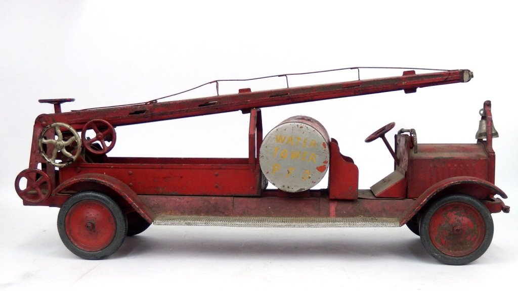 Keystone Toys pressed steel Water Tower truck: Keystone pressed steel Water Tower truck, open front cab with lift up hood, bell on front, 32" long, Collection of John Dieterly