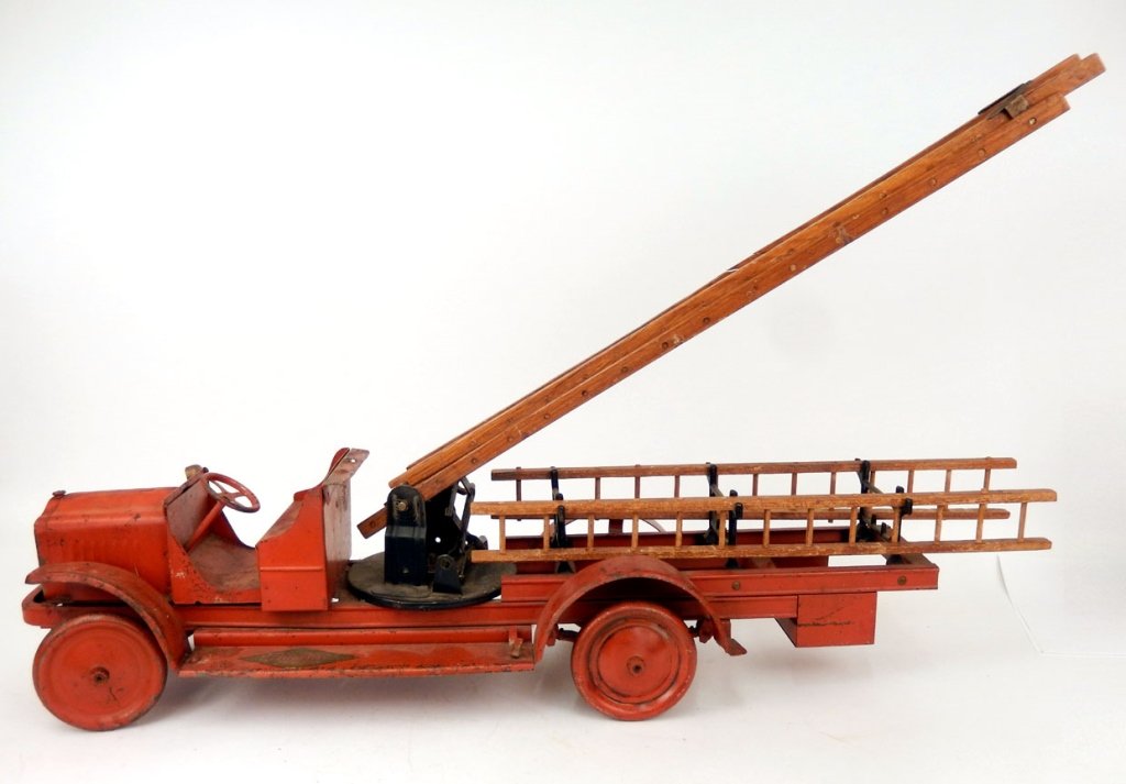Kelmet Corp. Big Boy fire ladder truck: Kelmet Corp. Big Boy fire ladder truck, pressed steel with wooden ladders, decals on fenders, partial loss to one decal, Big Boy Kelmet Corp, 200 Fifth Ave, New York, NY, open cab, 36 1/4" long, Colle